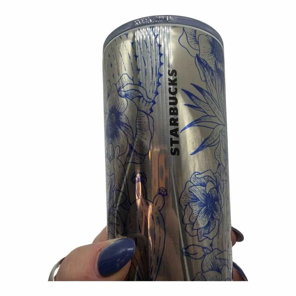 Starbucks Desert Blue Floral Cactus Print Stainless Steel Tumbler Cold Cup 16 Oz
